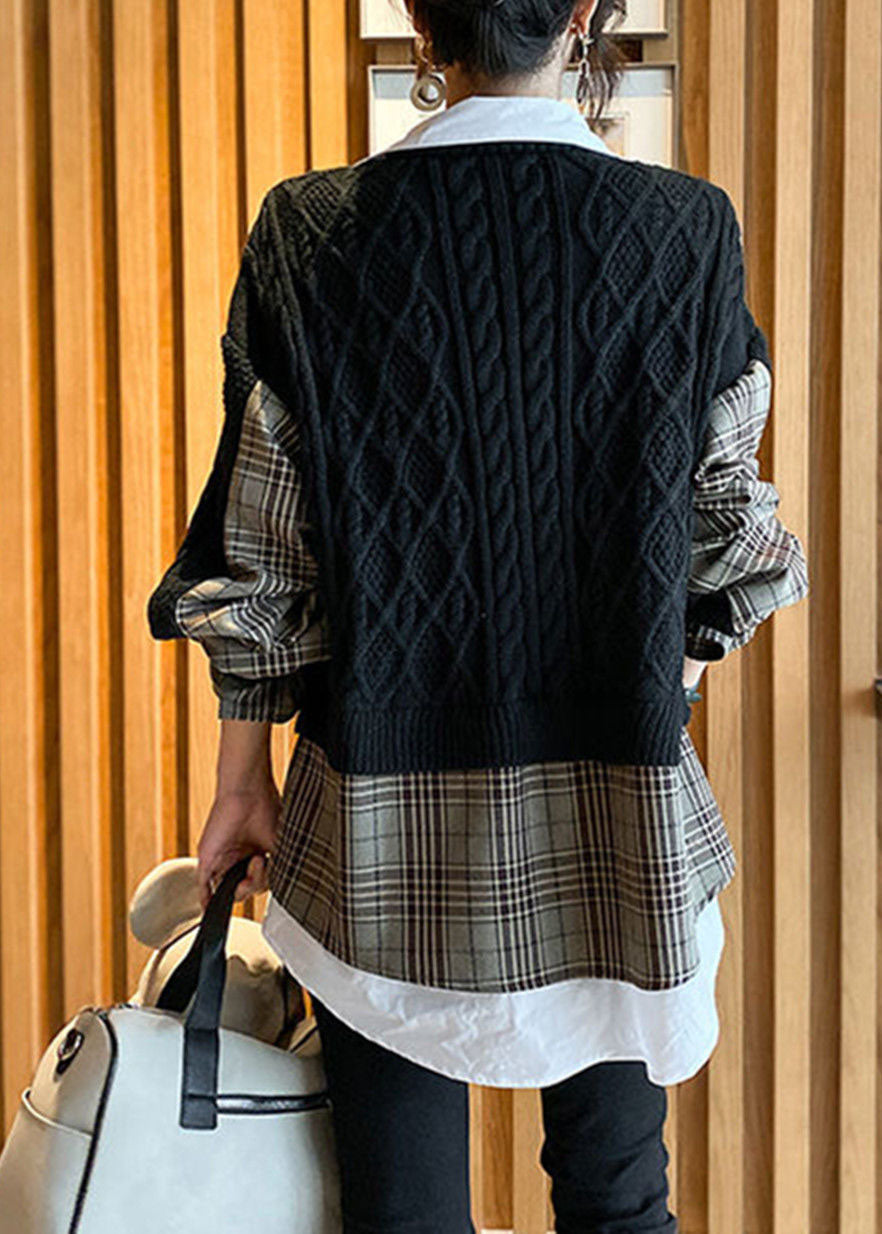 Edles schwarzes V-Ausschnitt Strick Patchwork Plaid Herbst Wolle Zweiteiler Set