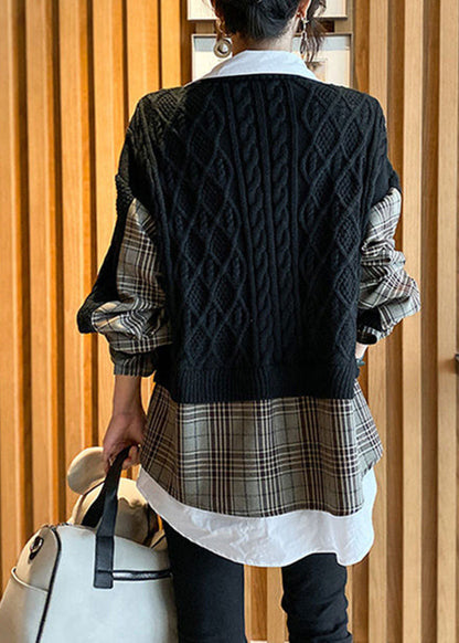 Edles schwarzes V-Ausschnitt Strick Patchwork Plaid Herbst Wolle Zweiteiler Set