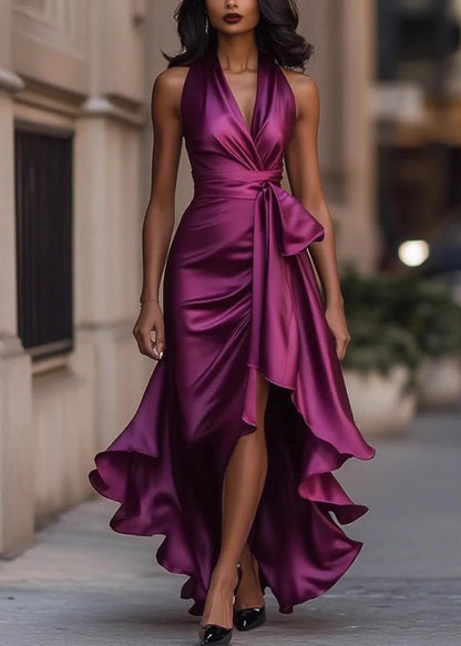 Classy Black V Neck Ruffled Lace Up Silk Dress Summer