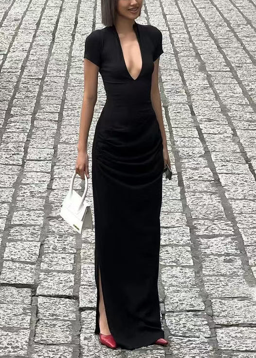 Classy Black V Neck Side Open Cotton Maxi Dresses Short Sleeve