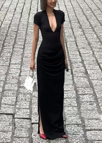 Classy Black V Neck Side Open Cotton Maxi Dresses Short Sleeve