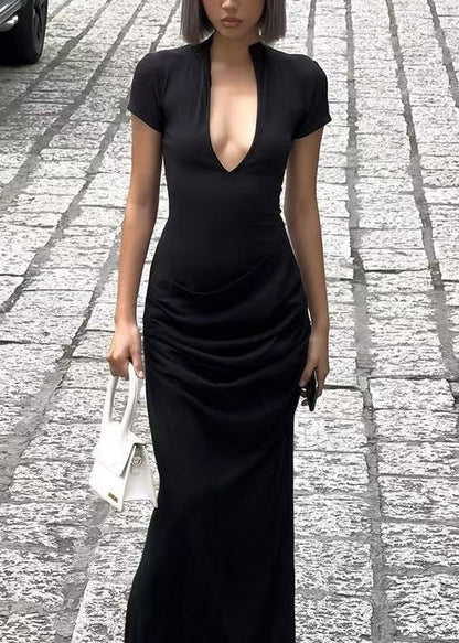 Classy Black V Neck Side Open Cotton Maxi Dresses Short Sleeve
