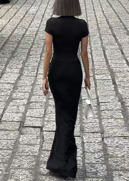 Classy Black V Neck Side Open Cotton Maxi Dresses Short Sleeve