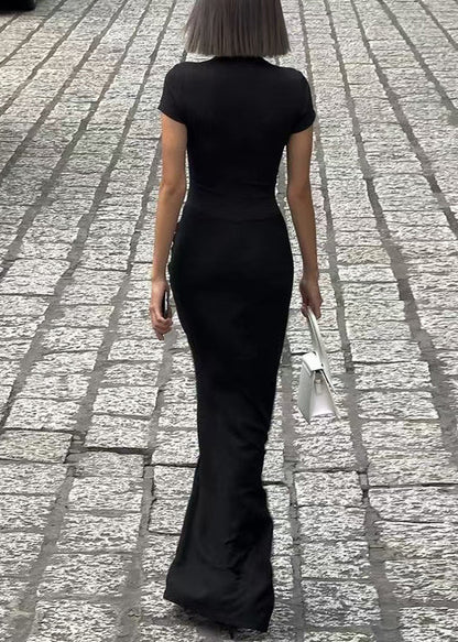 Classy Black V Neck Side Open Cotton Maxi Dresses Short Sleeve