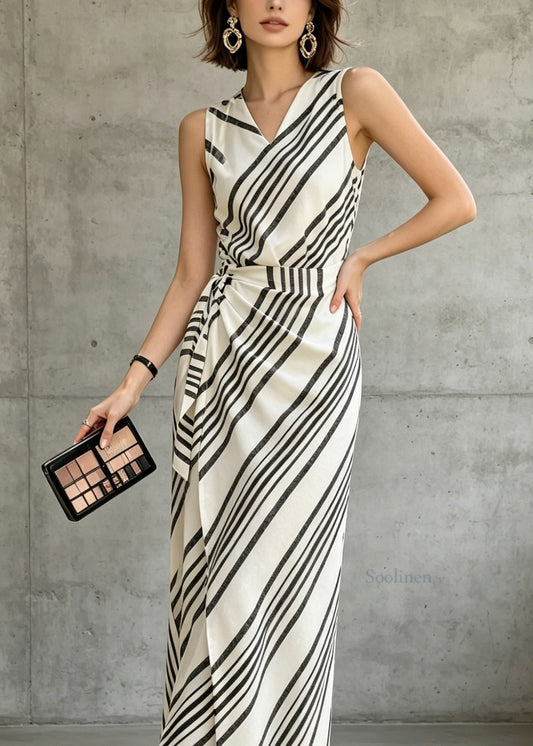 Classy Black White V Neck Striped Cotton Dresses Sleeveless