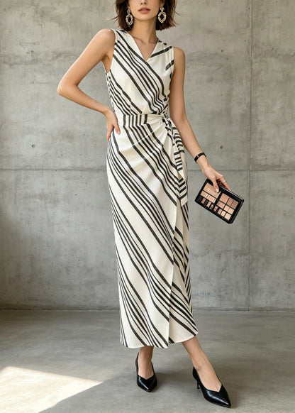 Classy Black White V Neck Striped Cotton Dresses Sleeveless