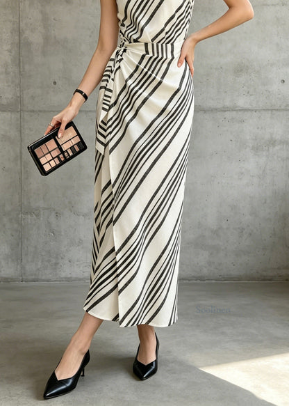 Classy Black White V Neck Striped Cotton Dresses Sleeveless