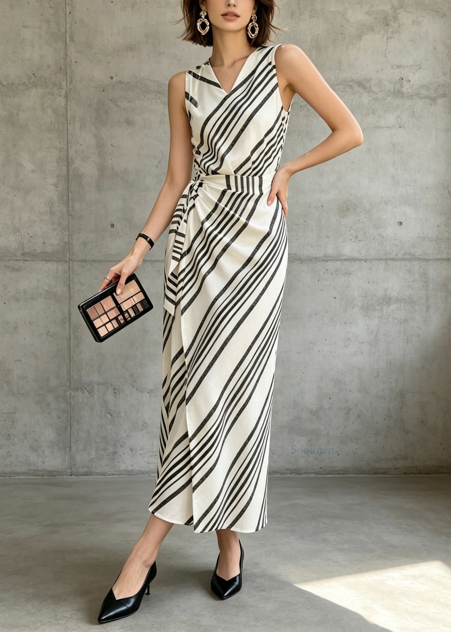 Classy Black White V Neck Striped Cotton Dresses Sleeveless