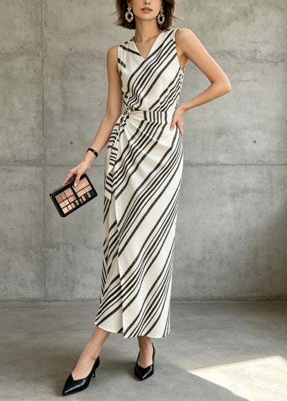 Classy Black White V Neck Striped Cotton Dresses Sleeveless