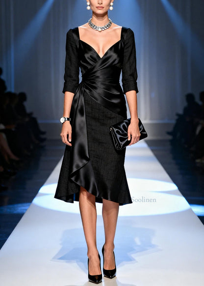 Classy Black Wrinkled Patchwork Linen Silk Dresses Summer