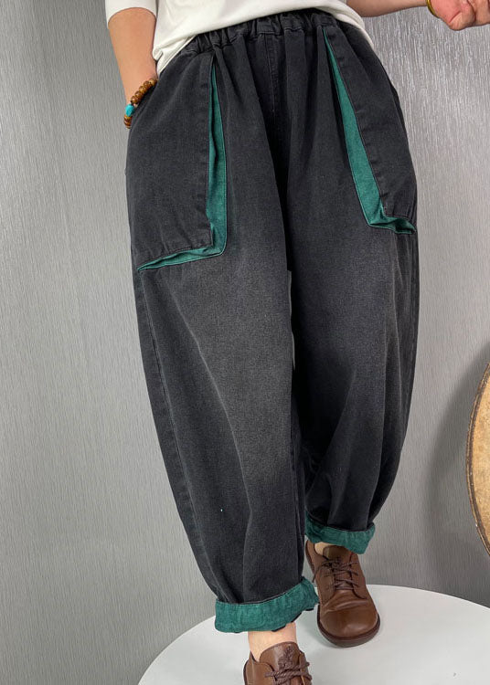 Edle schwarze elastische Taille Taschen Denim Hose Frühling