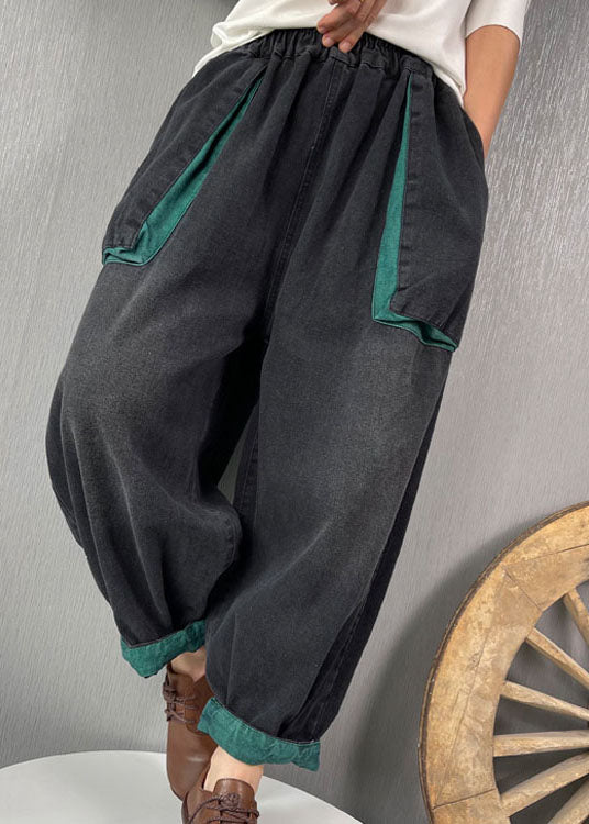 Edle schwarze elastische Taille Taschen Denim Hose Frühling