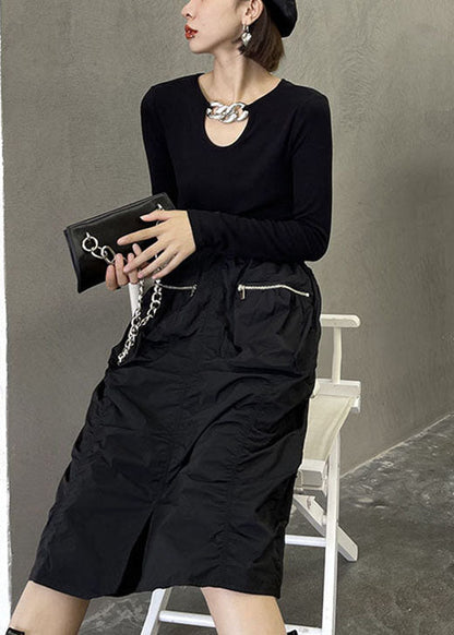 Edle schwarze, faltige, lässige Herbströcke mit Reißverschlusstaschen