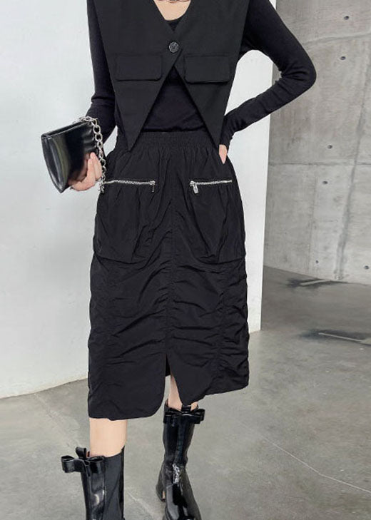 Edle schwarze, faltige, lässige Herbströcke mit Reißverschlusstaschen