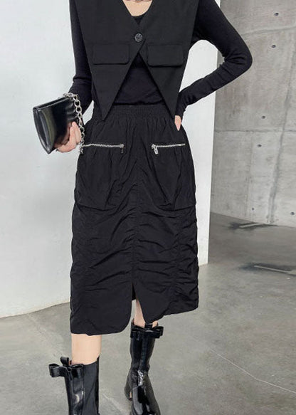 Edle schwarze, faltige, lässige Herbströcke mit Reißverschlusstaschen