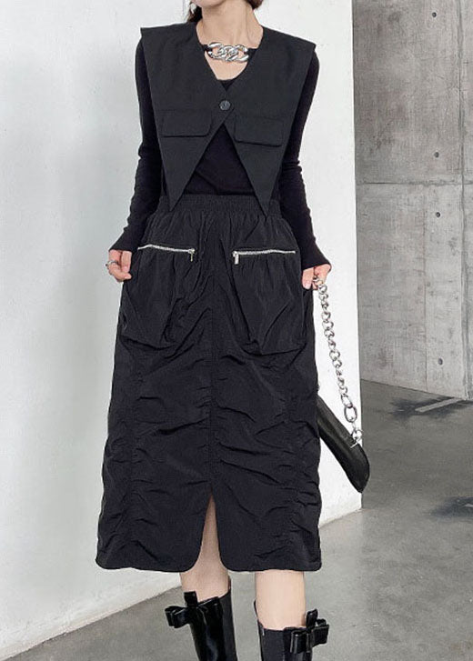 Edle schwarze, faltige, lässige Herbströcke mit Reißverschlusstaschen