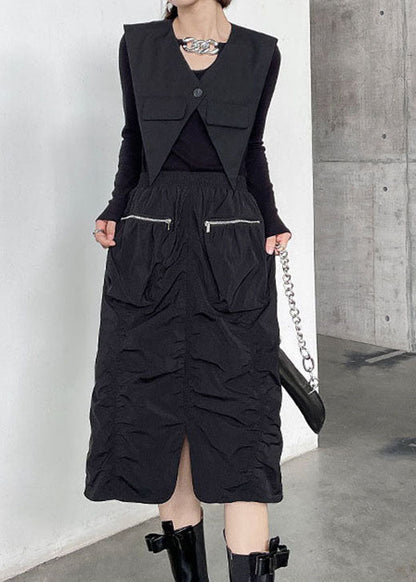 Edle schwarze, faltige, lässige Herbströcke mit Reißverschlusstaschen