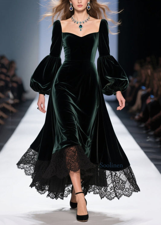 Elegantes vestidos de terciopelo con patchwork de encaje verde negruzco para primavera