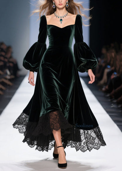 Elegantes vestidos de terciopelo con patchwork de encaje verde negruzco para primavera