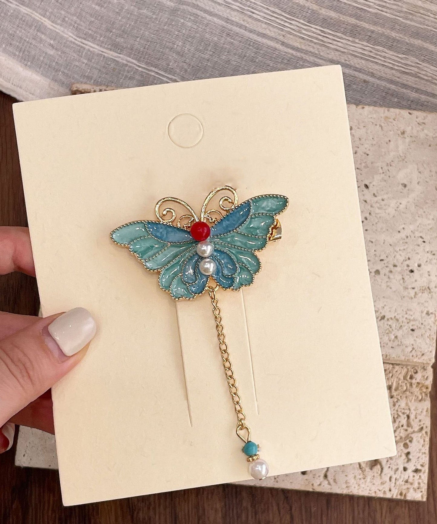 Classy Blue Butterfly Sterling Silver Overgild Enamel Pearl Tassel Hairpin