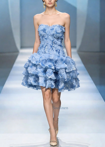 Classy Blue Cold Shoulder Floral Tulle Mid Dress Summer