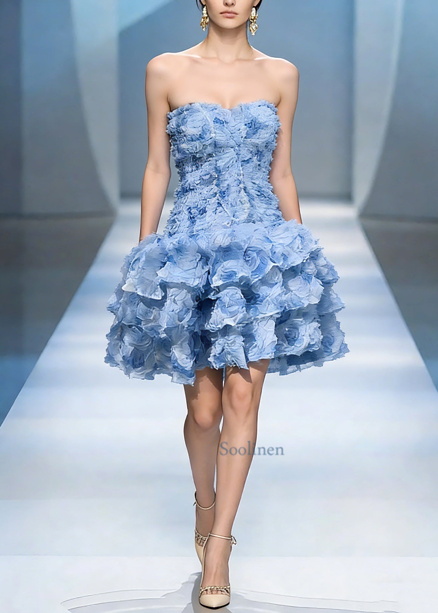 Classy Blue Cold Shoulder Floral Tulle Mid Dress Summer