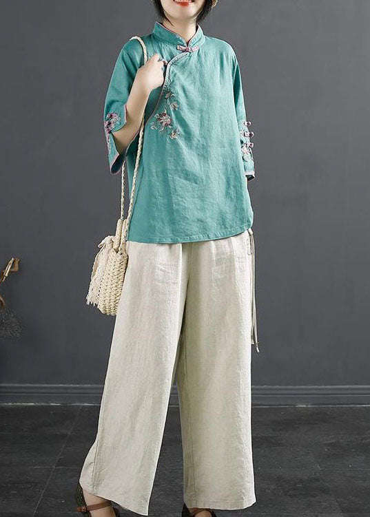 Edles blaues besticktes Patchwork-Oberteil mit halben Ärmeln