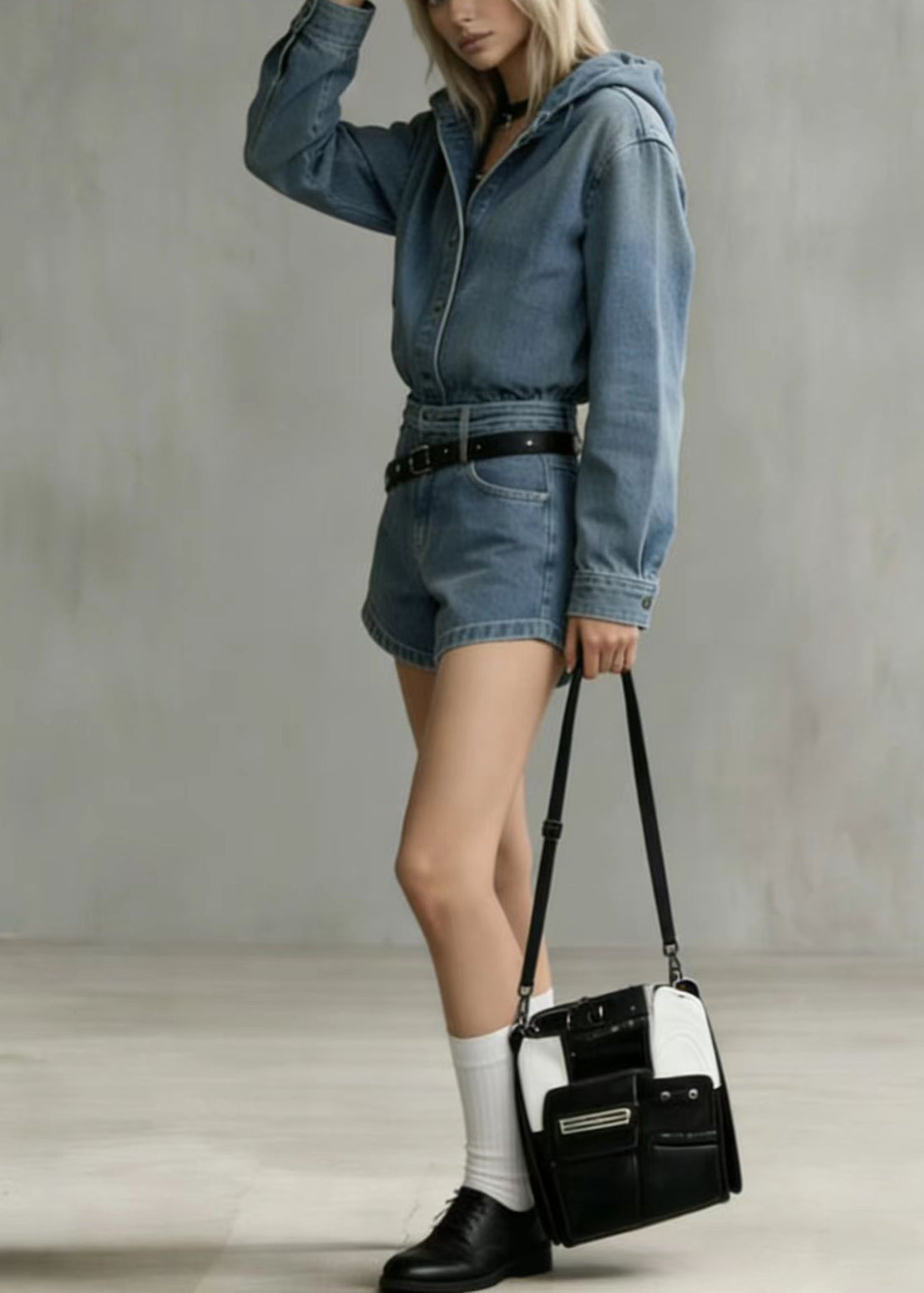 Classy Blue Hooded Denim Shorts Jumpsuit Spring