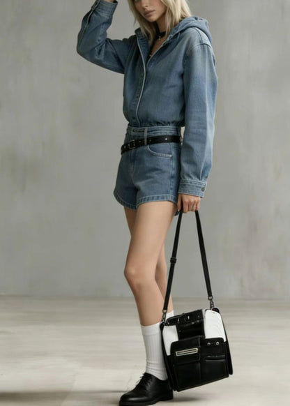 Classy Blue Hooded Denim Shorts Jumpsuit Spring