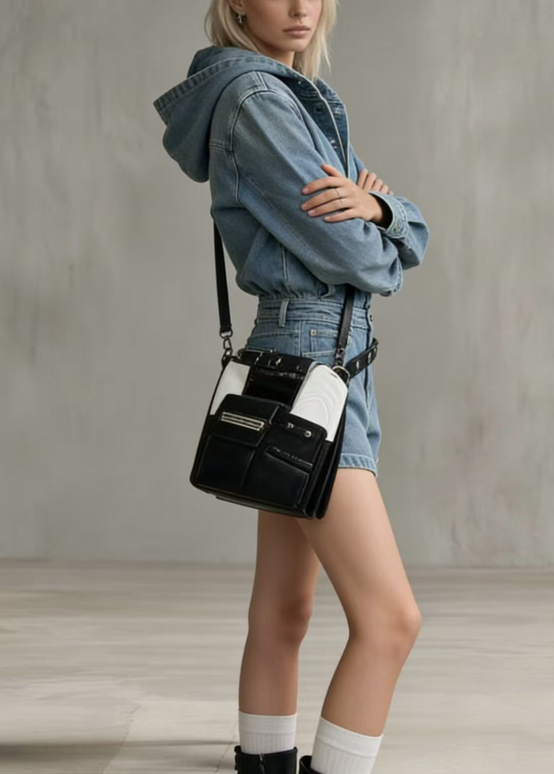 Classy Blue Hooded Denim Shorts Jumpsuit Spring