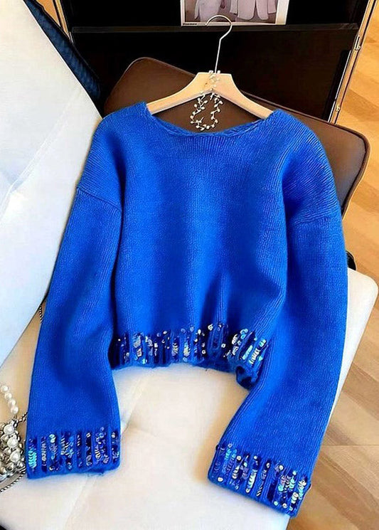 Classy Blue O Neck Sequins Patchwork Knit Sweaters Spring