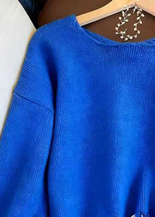 Classy Blue O Neck Sequins Patchwork Knit Sweaters Spring