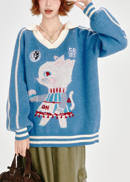 Elegante blaue Oversize-Strickoberteile aus Jacquard-Dichtung für den Winter