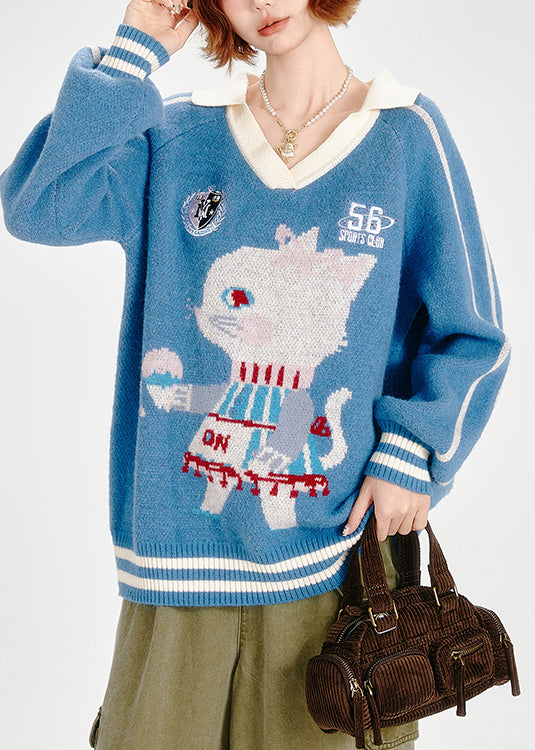 Elegante blaue Oversize-Strickoberteile aus Jacquard-Dichtung für den Winter