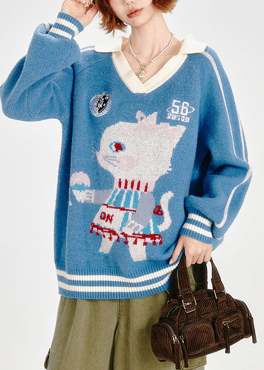 Elegante blaue Oversize-Strickoberteile aus Jacquard-Dichtung für den Winter