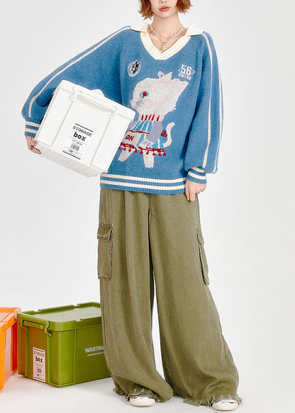 Elegante blaue Oversize-Strickoberteile aus Jacquard-Dichtung für den Winter