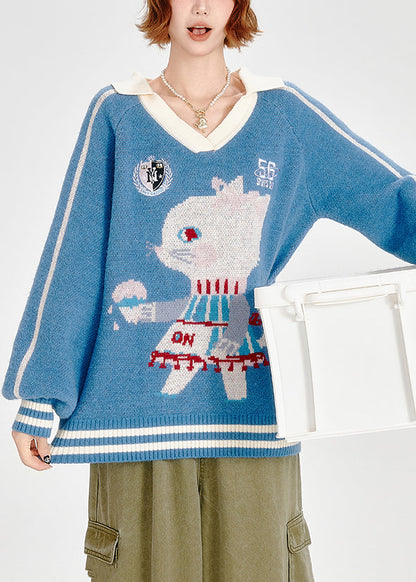 Elegante blaue Oversize-Strickoberteile aus Jacquard-Dichtung für den Winter