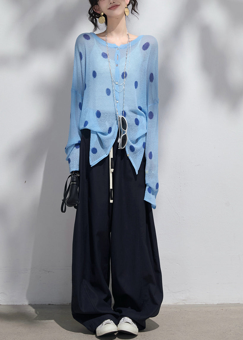 Cárdigan de punto con estampado oversize en azul elegante y protección solar UPF 50+ para primavera