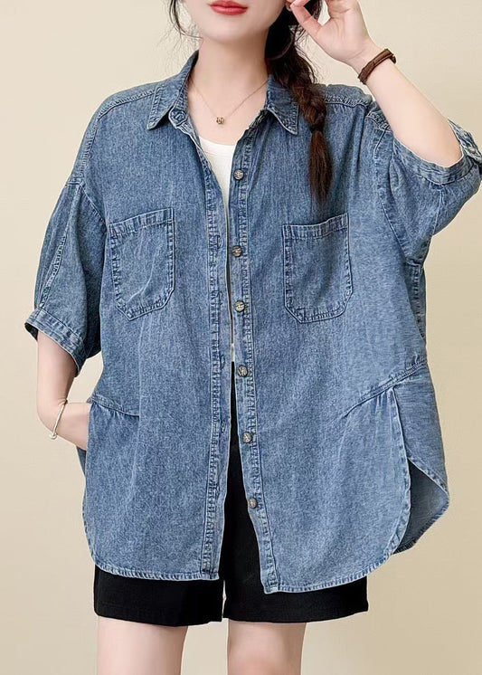 Classy Blue Oversized Side Open Denim Shirt Top Summer