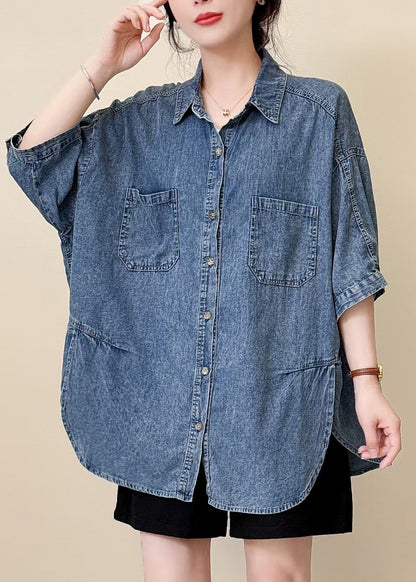 Classy Blue Oversized Side Open Denim Shirt Top Summer