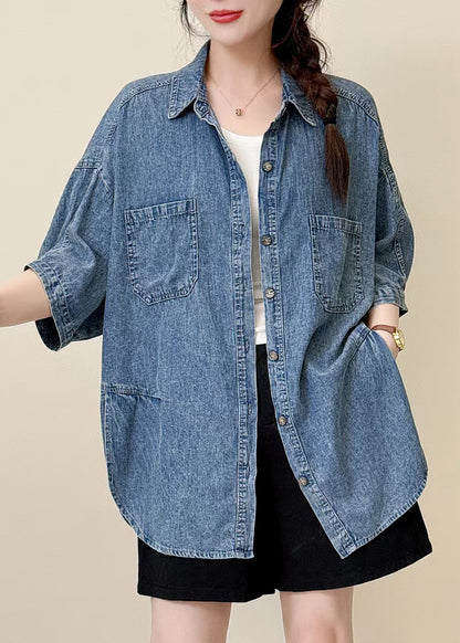Classy Blue Oversized Side Open Denim Shirt Top Summer