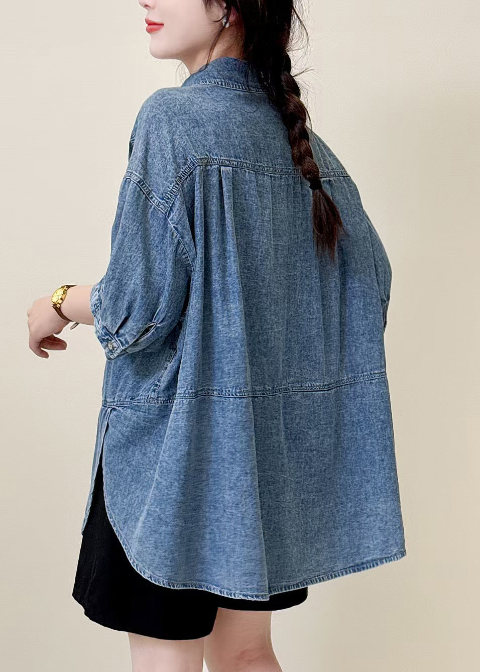 Classy Blue Oversized Side Open Denim Shirt Top Summer