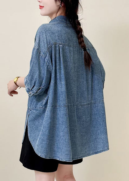 Classy Blue Oversized Side Open Denim Shirt Top Summer