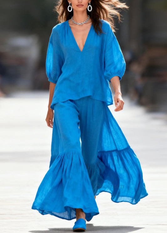Classy Blue Oversized Wrinkled Cotton Two Pieces Set Summer