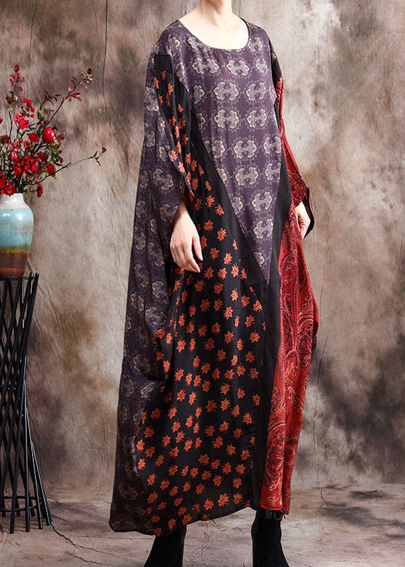 Edles blaues Patchwork-Seidenkleid mit Fledermausflügelärmeln