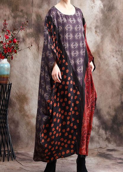 Edles blaues Patchwork-Seidenkleid mit Fledermausflügelärmeln