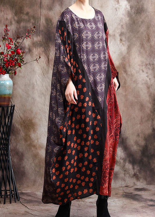 Edles blaues Patchwork-Seidenkleid mit Fledermausflügelärmeln