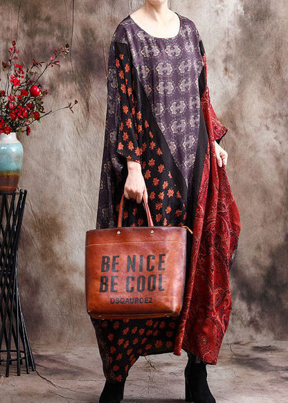 Edles blaues Patchwork-Seidenkleid mit Fledermausflügelärmeln