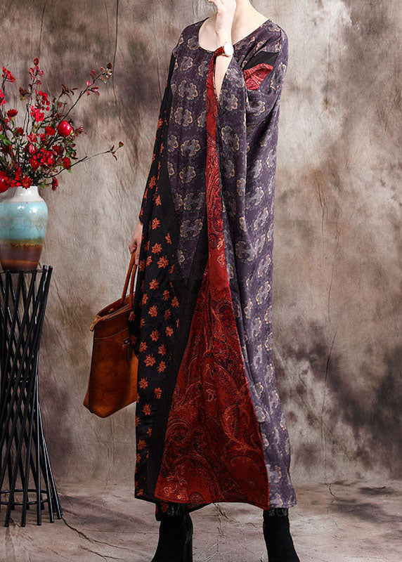 Edles blaues Patchwork-Seidenkleid mit Fledermausflügelärmeln