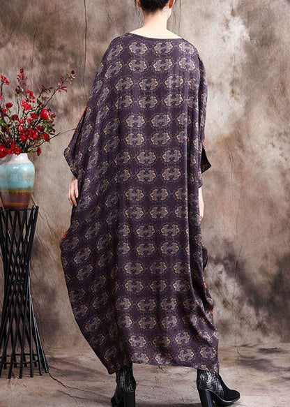 Edles blaues Patchwork-Seidenkleid mit Fledermausflügelärmeln